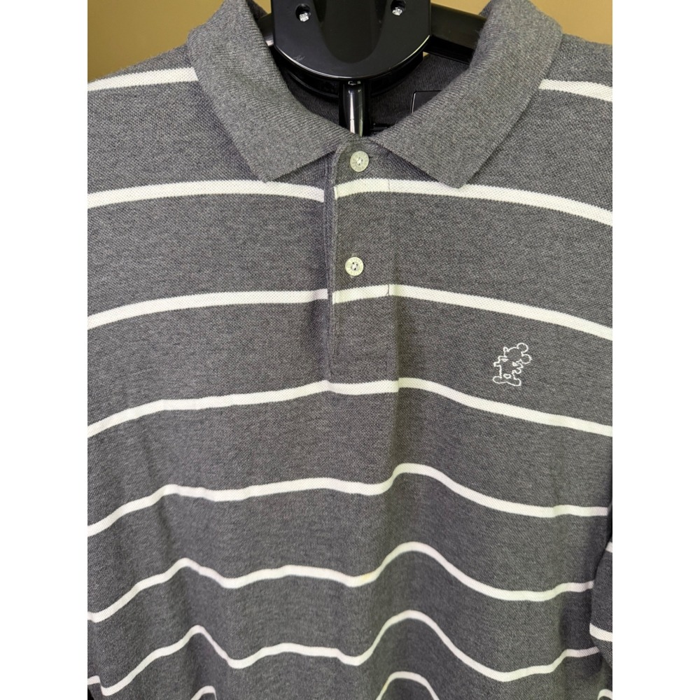 Walt Disney World Mens Mickey Mouse Striped Polo Shirt Grey White Large L Cotton